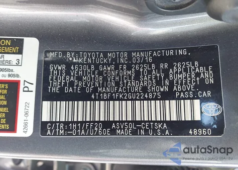 2016 Toyota Camry Se from USA, damaged, VIN 4T1BF1FK2GU224875
